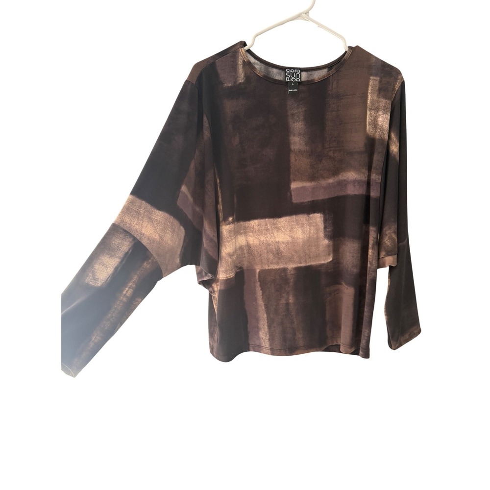 Clara Sunwoo Womens Brown Abstract‎ Print Dolman Sleeve Top Large Made in USA
